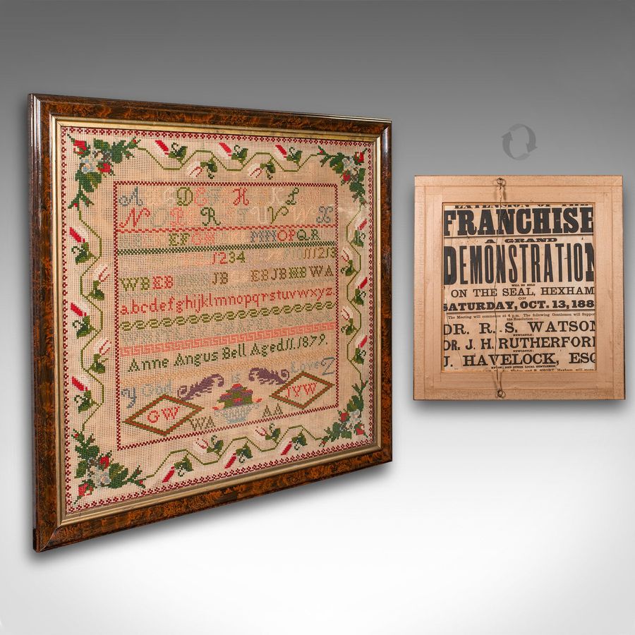 A Victorian needlepoint sampler with interesting suffragettes poster on the reverse - a great political collectible antique